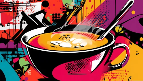 Bold coffee cup pops against vibrant abstract street art.