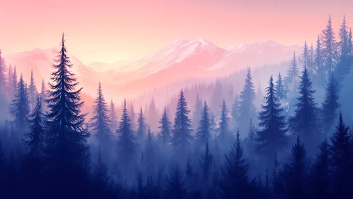 Misty Mountain Wilderness at Dawn. Soft Pink Light Over Evergreen Forest.
