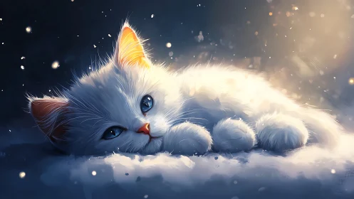 Luminescent white feline with golden ears, cloud-seated composition.