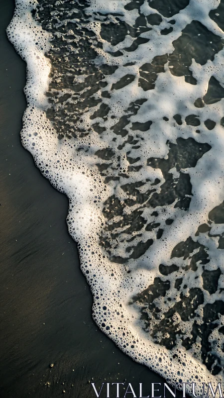 Foamy shoreline wave quietly dissolves over dark sand