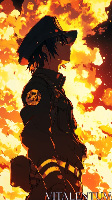 Anime police officer in profile against blazing firestorm