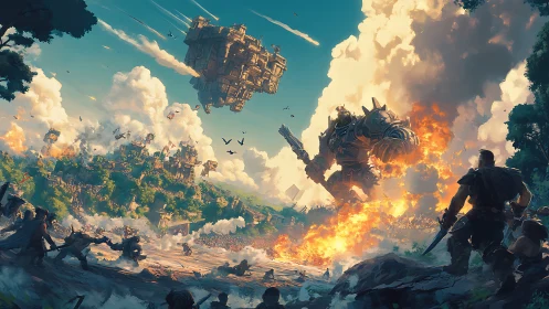 Armored mech confrontation near fortified valley settlement.