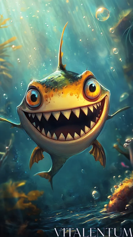 Grinning piranha comet rockets upward through sunlit blue