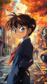 Boy in suit on autumn city street with falling leaves.