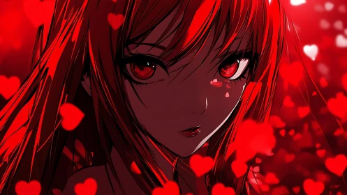 Red anime girl with glowing heart eyes in bokeh storm.