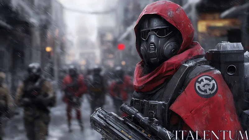Hooded sci fi soldier leads masked squad through stormy street.