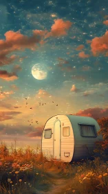 Moonlit caravan in wildflower meadow under luminous dusk sky