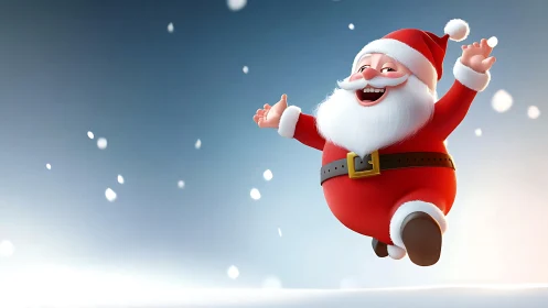 Joyful cartoon Santa jumps through softly falling snow.
