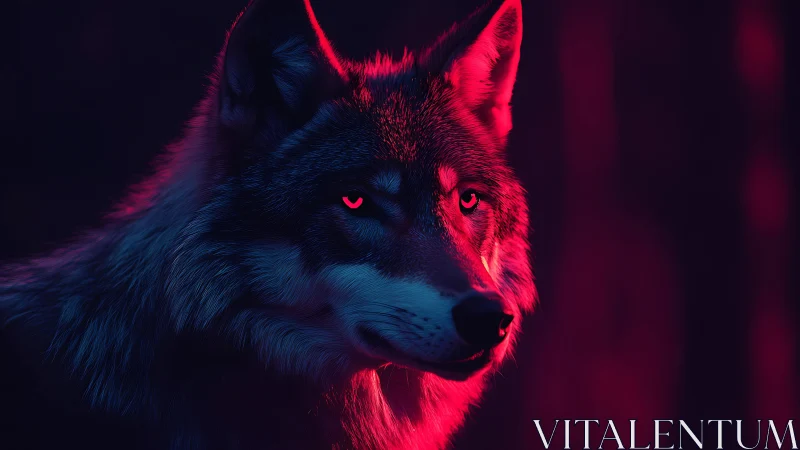 Neon-lit wolf portrait in magenta and cyan duotone lighting.