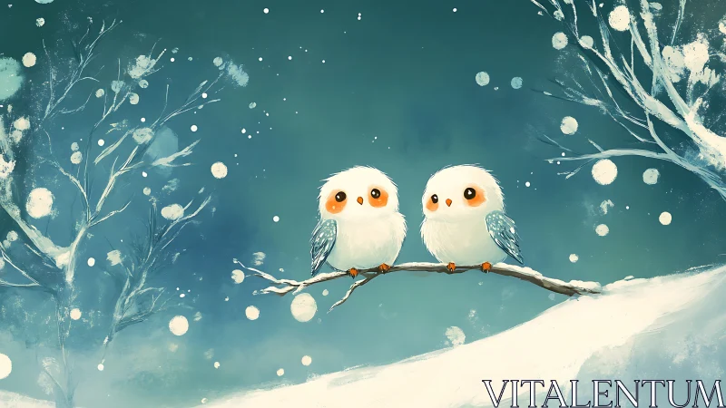 Two Cute Birds on a Snowy Branch, Whimsical Winter Illustration.