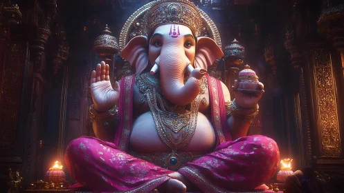 Ornate Ganesha idol in luminous temple interior lighting.
