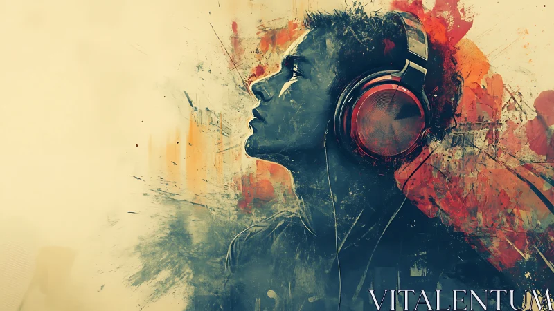 Profile portrait with headphones merges abstract splatter dynamics