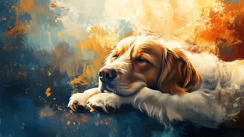 Dreamy golden retriever drifting through painted starlight.