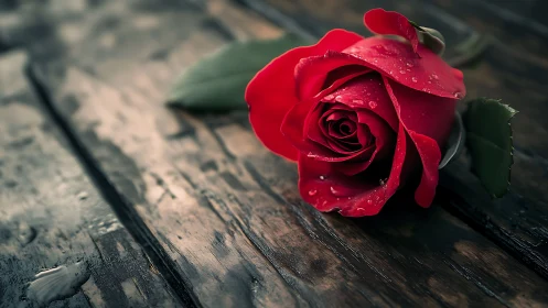 Single red rose rests on wet rustic wooden surface.