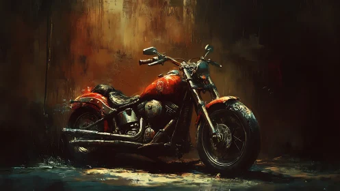 Crimson cruiser motorcycle glows against gritty urban shadows.