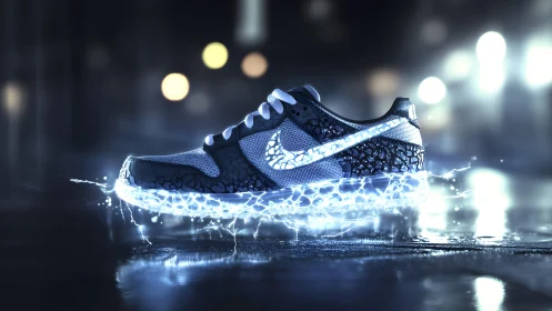 Futuristic glowing sneaker on wet street, digital art style.