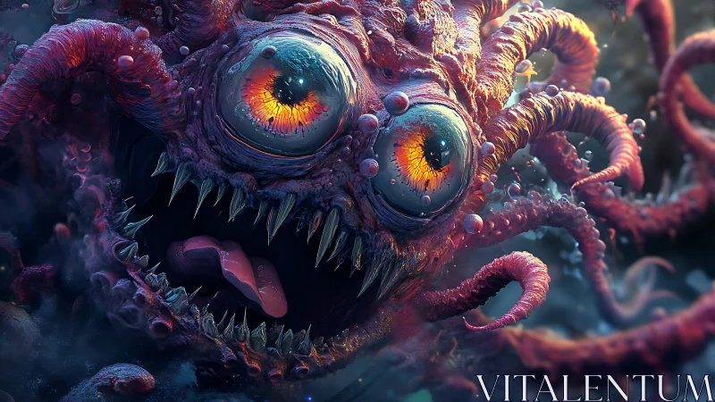 Wild many-eyed monster floats close with glowing curiosity