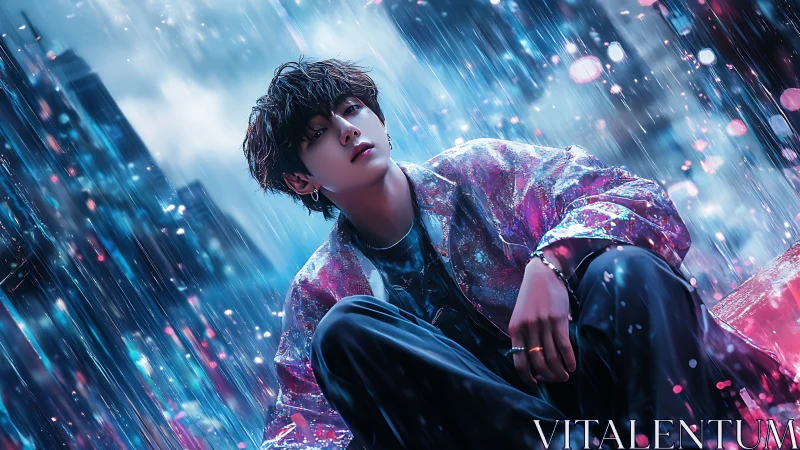 Young person sits in neon rain against blurred cityscape