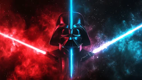 Dark sci fi helmet and crossed laser swords in space.