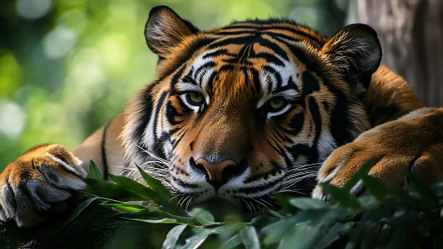 Photorealistic close-up of resting Bengal tiger in foliage
