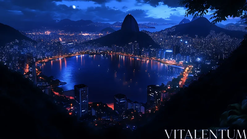 Moonlit bay city glows beneath towering coastal mountains.