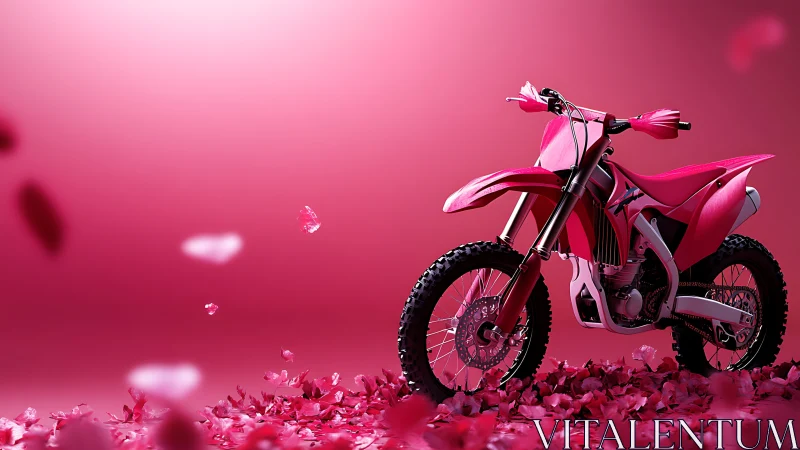 Pink off-road motorcycle stands on pink petals in studio