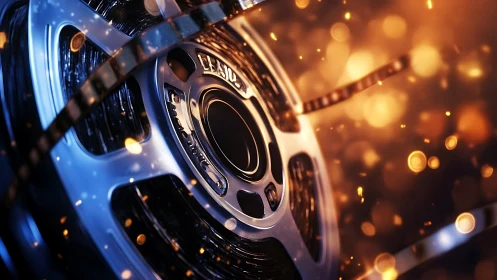 Cinematic film reel swirling through molten bokeh light storm.