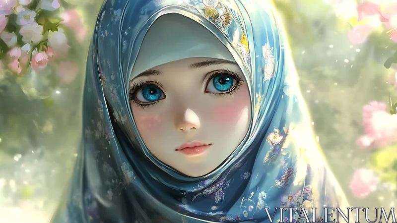 Digital portrait shows veiled girl with stylized blue eyes