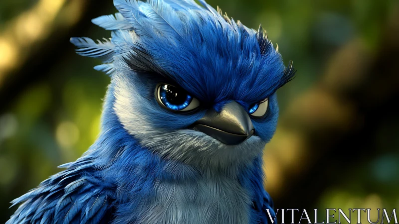Realistic blue jay with intense expression, digital art style.