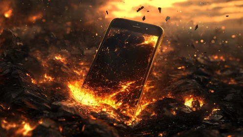 Blazing smartphone rises boldly from molten fiery ground