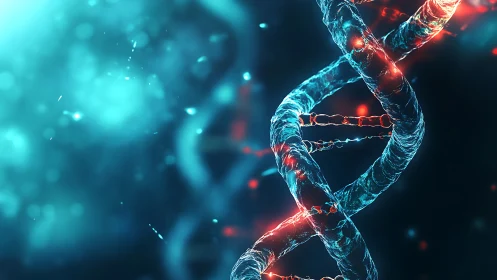 Glowing DNA strands twist gently in a luminous blue void