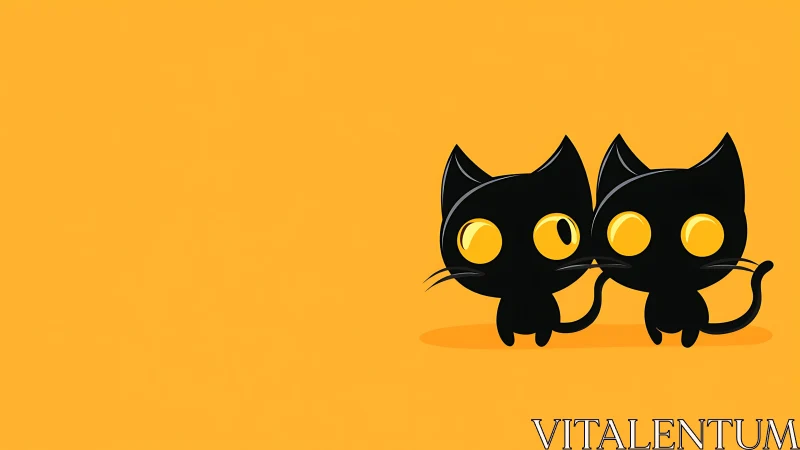 Two Whimsical Black Cats with Luminous Eyes on Golden Stage.