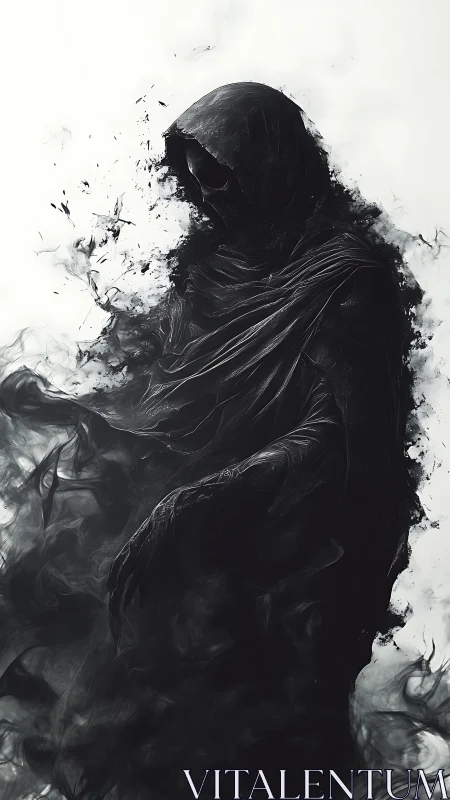 Hooded wraith emerges from swirling black smoke and shadow.
