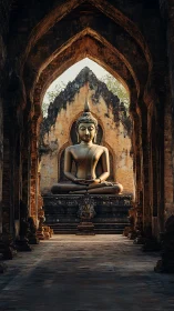 Monumental seated Buddha in weathered stone sanctuary corridor