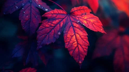 Scarlet maple leaf glows against deep blue forest background