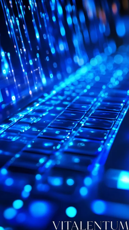 Cyberpunk keyboard matrix with cascading blue data streams.