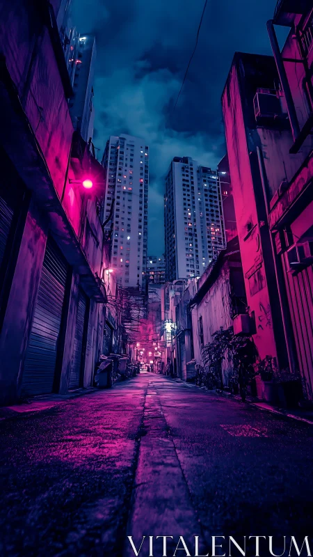 Neon soaked city alley glowing softly beneath stormy skies.