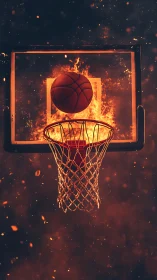 Basketball passes through hoop set against stylized flames