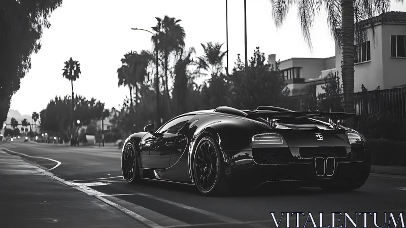 Black hypercar idles on palm-lined suburban boulevard