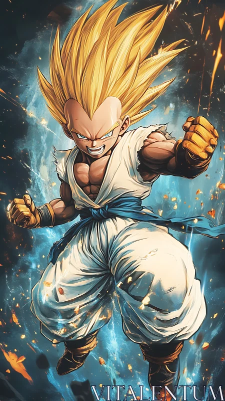 Energetic anime fighter in mid‑air power-charged assault stance.