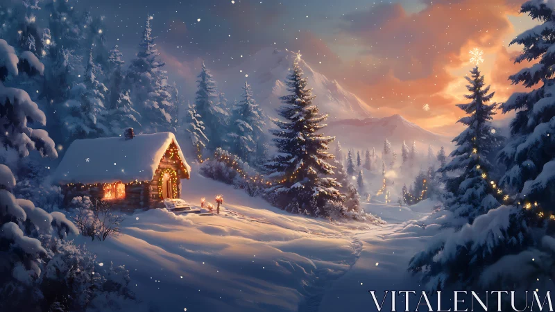 Snowlit cabin glows beneath pastel winter mountain dusk.