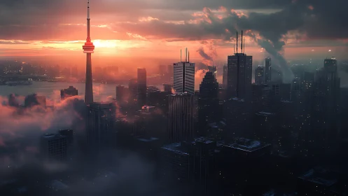 Sunrise light crowns misty Toronto skyline in warm haze.