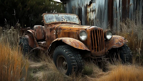 Rusty abandoned jeep truck decaying in overgrown grass.