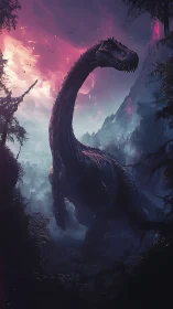 Colossal sauropod roams neon mist forest at dusk