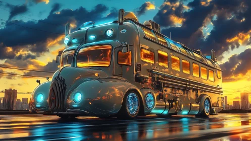 Retro-futurist neon highway cruiser under stormlit sunset.