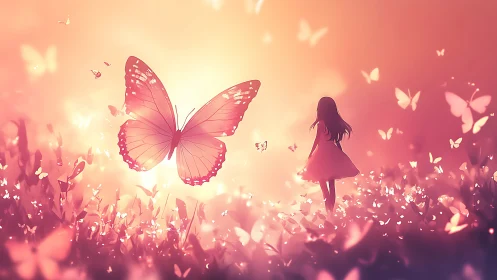 Backlit girl observing luminous butterfly swarm at sunset