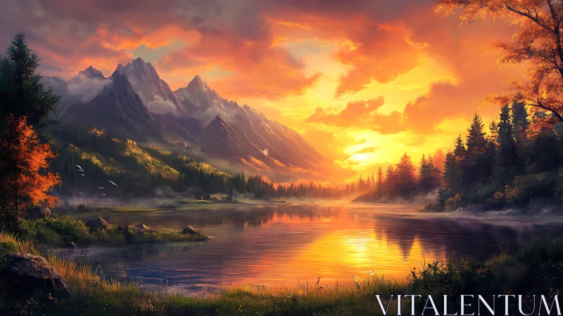 Radiant alpine sunset illuminates tranquil reflective lake