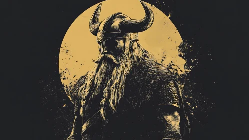 Viking warrior silhouette before bold circular backdrop.