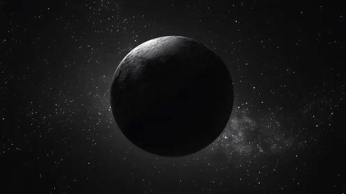 Shadowed planet sphere framed by dense star field in space.