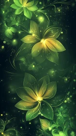 Luminous green and gold blossoms glow in an ethereal night garden